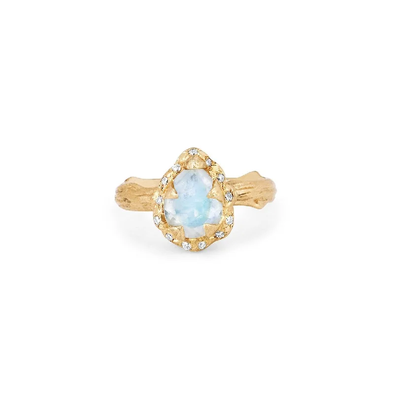 women’s textured rings-Micro Queen Water Drop Moonstone Rose Thorn Ring with Sprinkled Diamonds