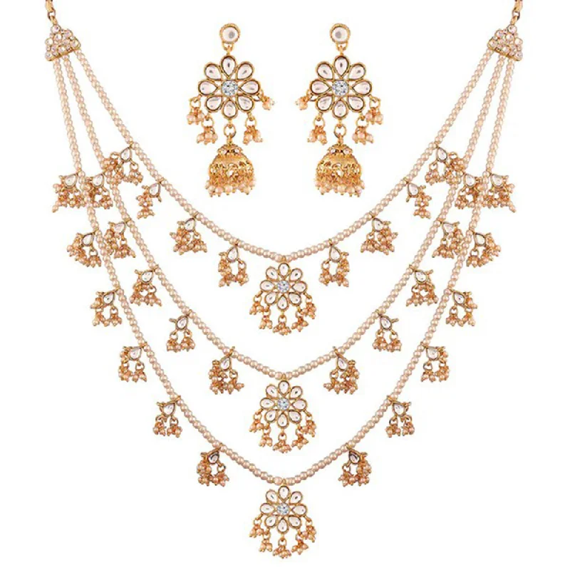 women’s rope necklaces-SNERA  Gold Plated Kundan Stone And Pearl Necklace Set