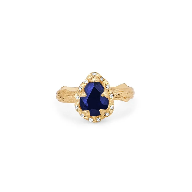 women’s gold rings-Micro Queen Water Drop Blue Sapphire Rose Thorn Ring with Sprinkled Diamonds