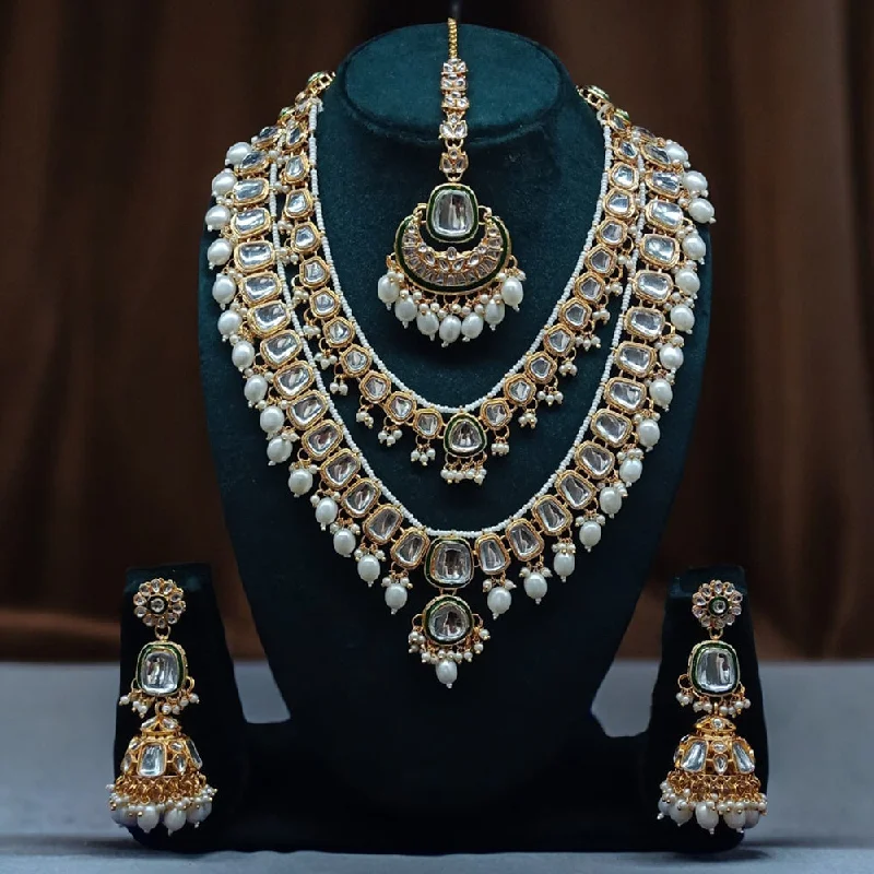 women’s large pendant necklaces-Gehana Mahal Gold Plated Kundan Stone Long Necklace Set