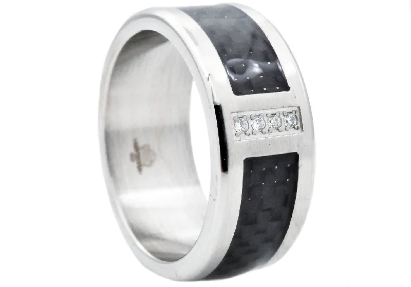 women’s heart-shaped rings-Mens Stainless Steel And Carbon Fiber Ring With Cubic Zirconia