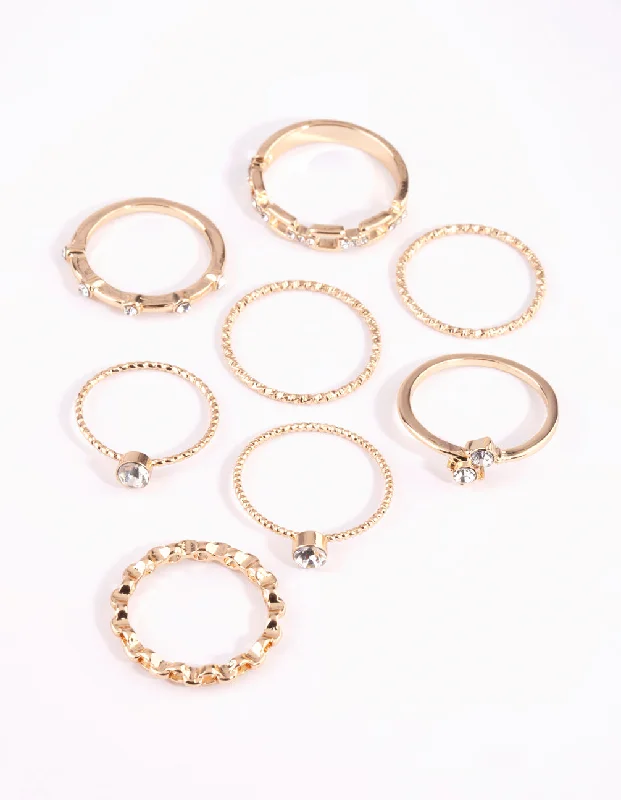 women’s large rings-Gold & Diamante Chain Ring Pack