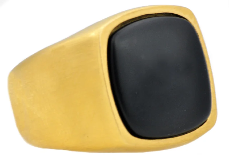 women’s diamond rings-Mens Onyx And Gold Stainless Steel Ring