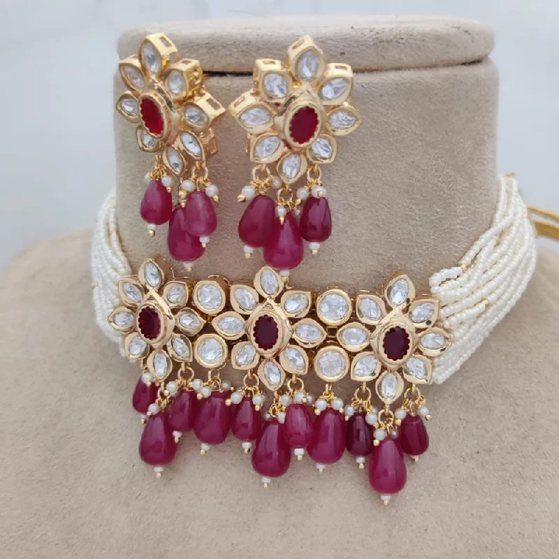 women’s crystal necklaces-Jewel Addiction Copper Gold Plated Polki Kundan And Pearls Choker Necklace Set