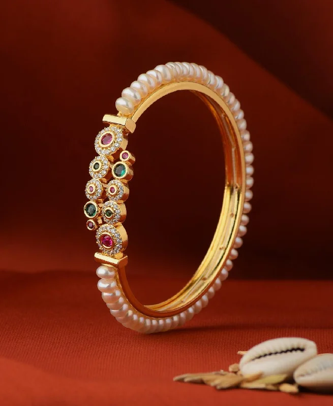 women’s designer bracelets-Stunning Stone Studded Pearl Bangle