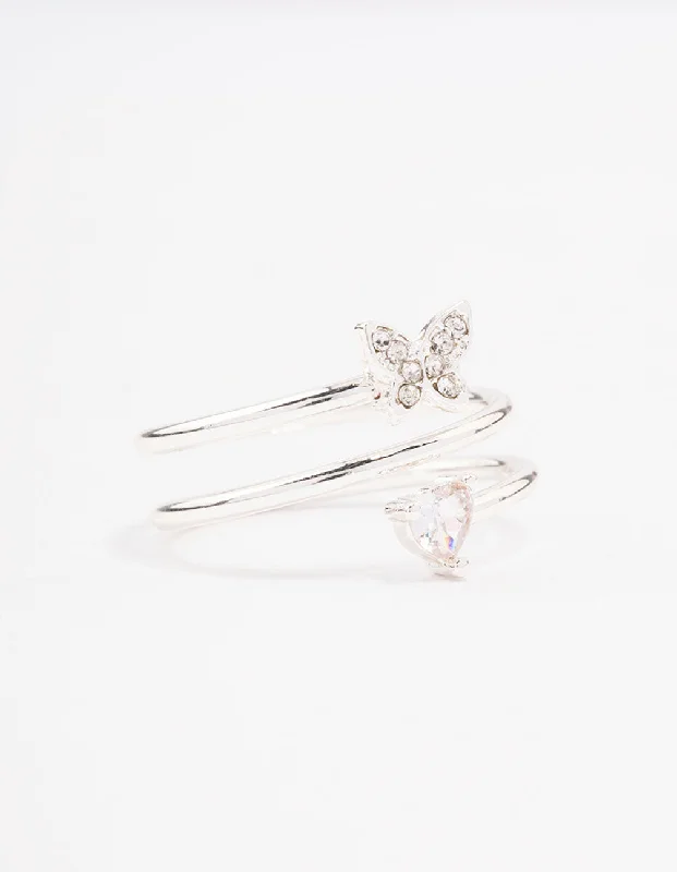 women’s flower rings-Silver Plated Heart Butterfly Wrapped Ring