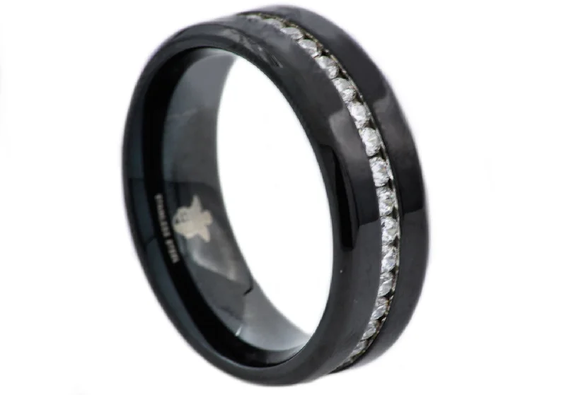 women’s princess-cut rings-Mens Black Stainless Steel Band With Cubic Zirconia