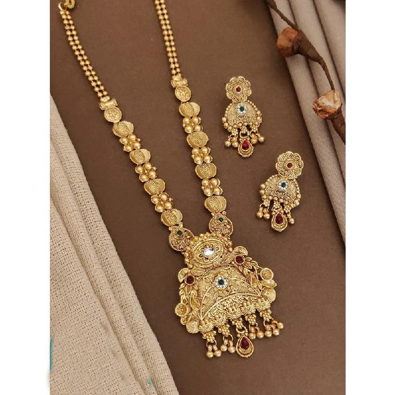 women’s chunky statement necklaces-Akruti Collection Gold Plated Kundan Long Necklace Set