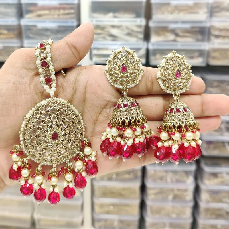 women’s gold hoop earrings-Anjali Jewellery Gold Plated Crystal Stone And Pearls Jhumki Earrings With Maangtikka