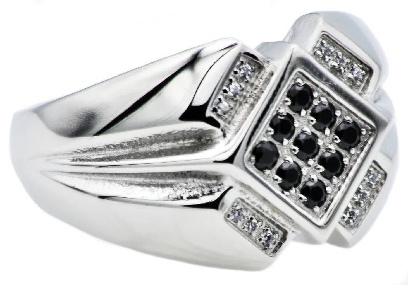 women’s gemstone rings-Mens Stainless Steel Ring With Black And White Cubic Zirconia