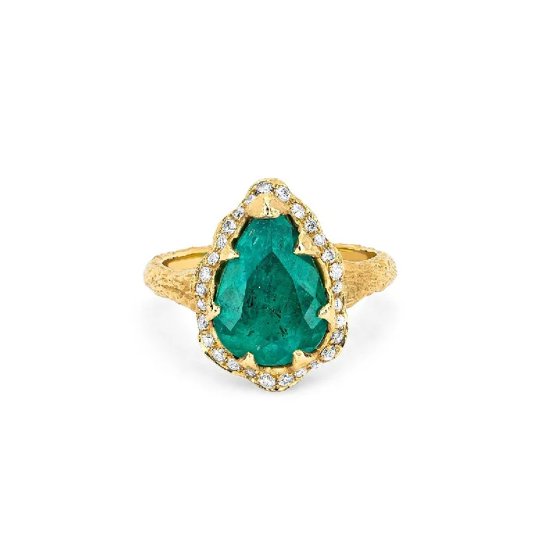 women’s stacking rings-18k Medium Premium Water Drop Colombian Emerald Queen Ring with Full Pavé Diamond Halo