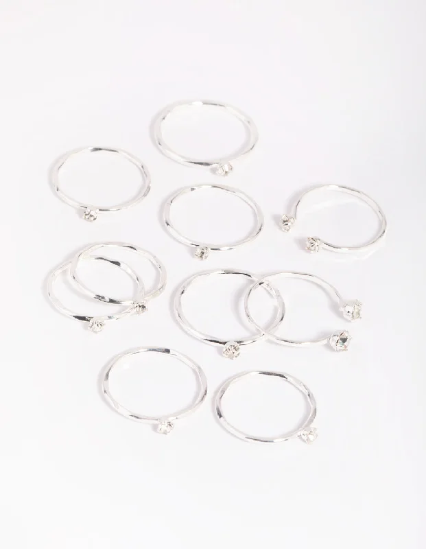 women’s ruby rings-Silver Diamante Ring Stack 8-Pack