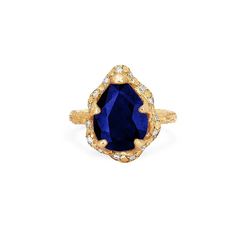 women’s adjustable rings-18k Premium Baby Queen Water Drop Sapphire Ring with Sprinkled Diamond Halo