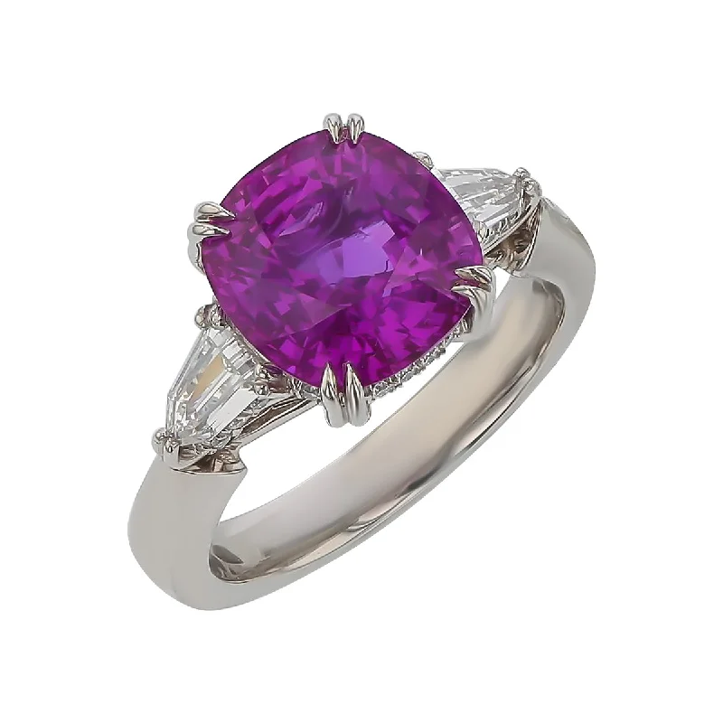 women’s modern engagement rings-Hearts and Arrows Cushion Pink Sapphire and Bullet and Round Diamond Ring in Platinum