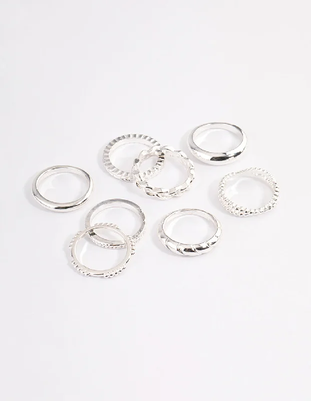 women’s cushion-cut rings-Silver Plain & Molten Twisted Ring 8-Pack