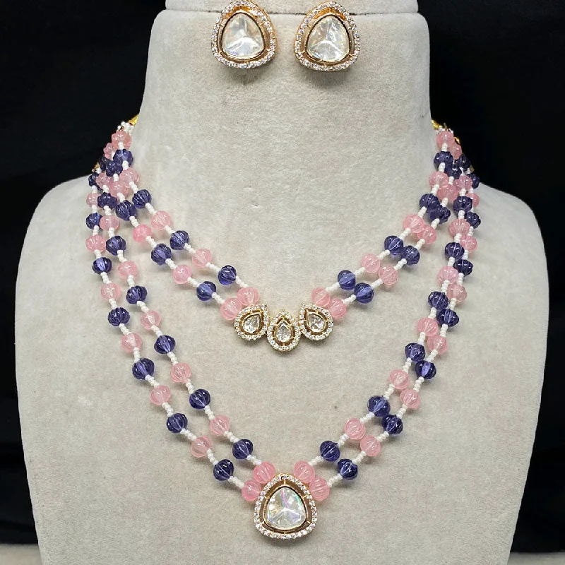 women’s pink gold necklaces-Royal Kundan Jewellery Gold Plated Polki Kundan And Beads Double Layer Necklace Set