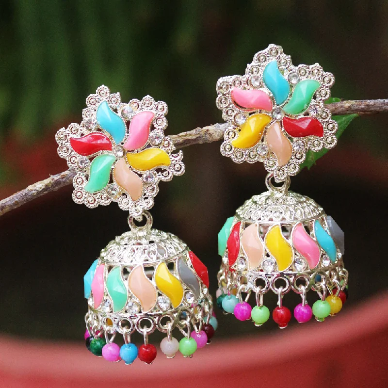 women’s chandelier earrings with gemstones-H K Fashion Silver Plated  Pota Stone And Beads Jhumki Earrings