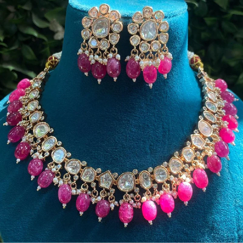 women’s crystal pendant necklaces-Royal Kundan Jewellery Gold Plated Polki Kundan And Beads Necklace Set