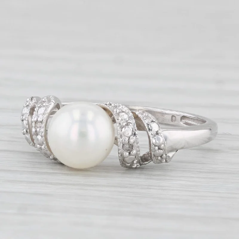 women’s antique-style engagement rings-Cultured Pearl Diamond Ring 10k White Gold Size 7