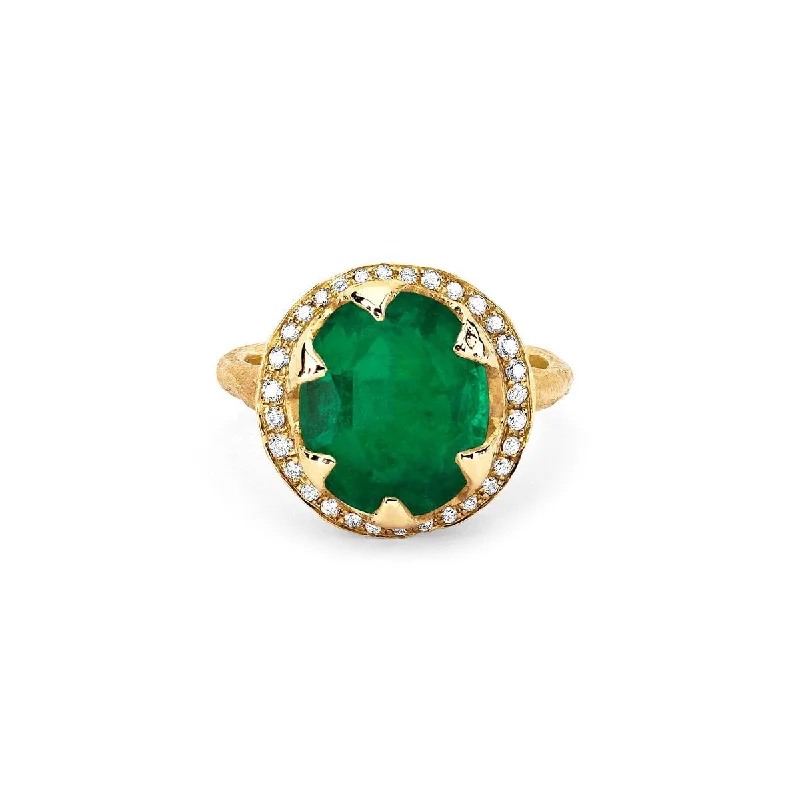 women’s diamond rings-18k Queen Oval Colombian Emerald Ring with Full Pavé Diamond Halo