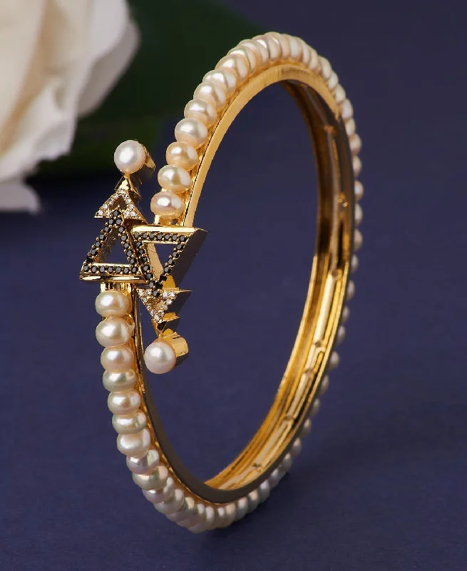 women’s delicate bracelets-Statement Stone Studded Pearl Bangle