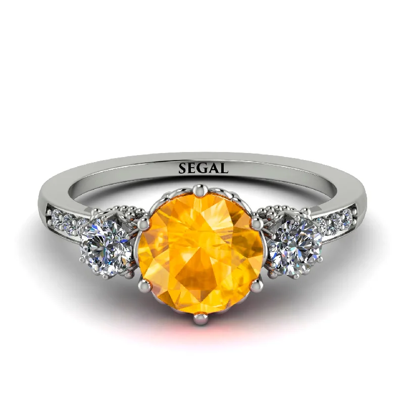 women’s rose gold engagement rings-Vintage 3 Stones Yellow Diamond Ring With Micro Pave - Luna No. 1003