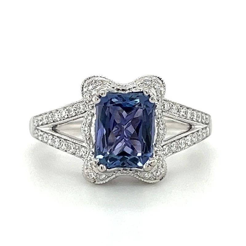 women’s gold-plated engagement rings-14k White Gold Vintage Inspired Tanzanite & Diamond Ring by Rego Designs