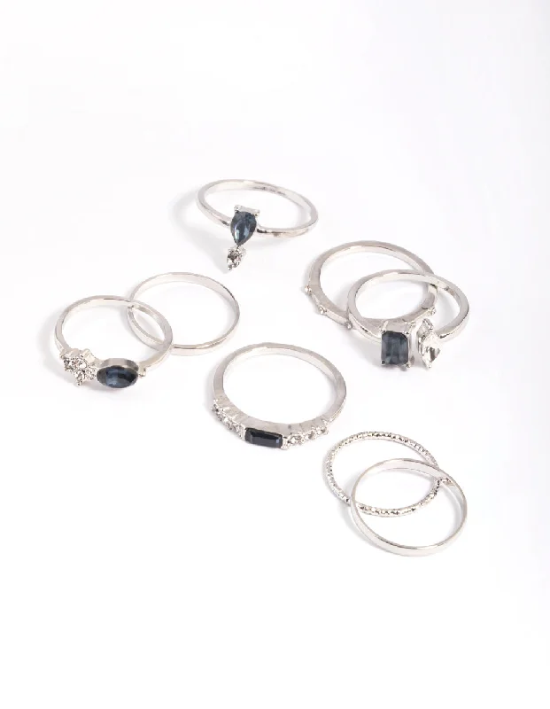 women’s rose gold engagement rings-Silver Blue Stone Mixed Ring Stack Pack