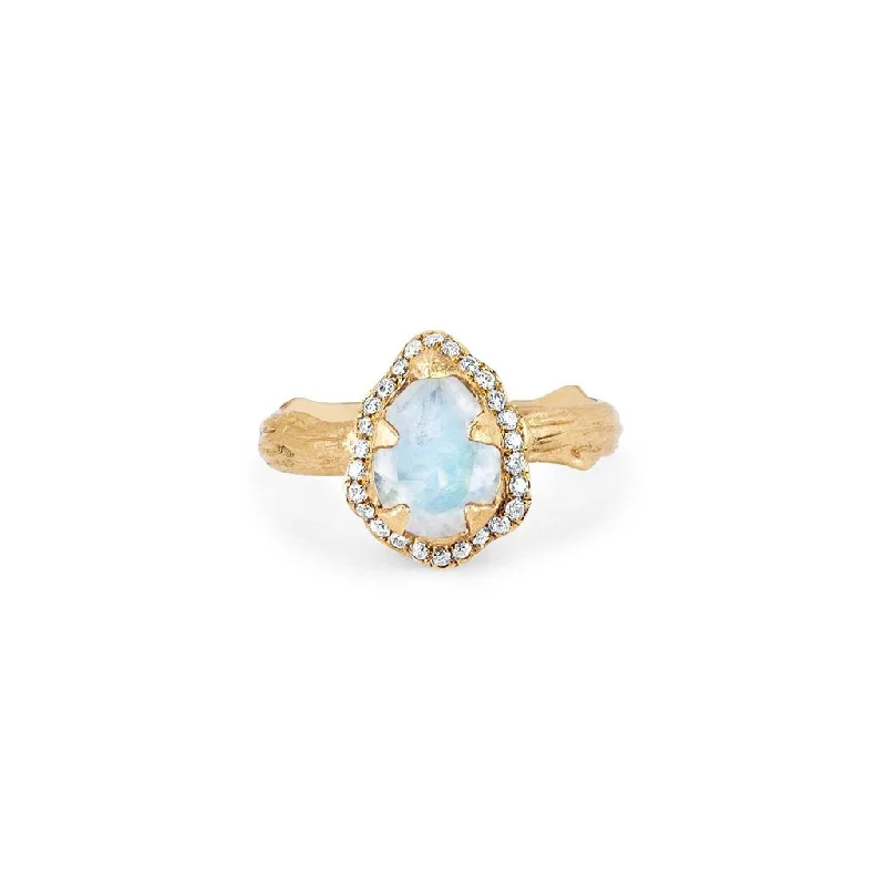 women’s wedding ring sets-Micro Queen Water Drop Moonstone Rose Thorn Ring with Pavé Diamond Halo