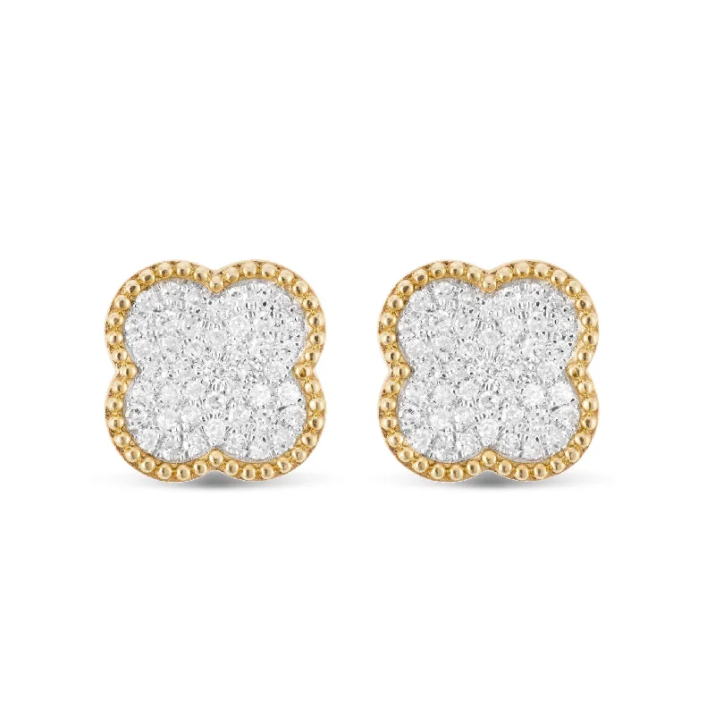 women’s handmade earrings-14K Gold .50CT Pave Diamond Clover Flower Stud Earrings