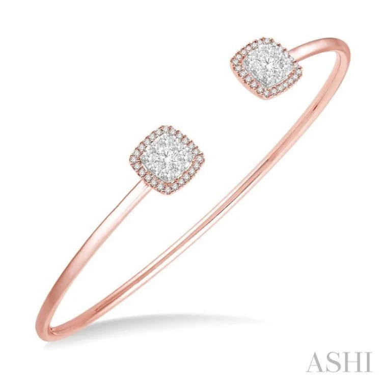 women’s silver cuff bracelets-3/4 Ctw Cushion Shape Lovebright Open Cuff Diamond Bangle in 14K Rose and White Gold