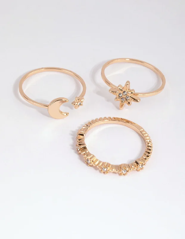 women’s gold-plated rings-Gold Celestial Star Ring Stack