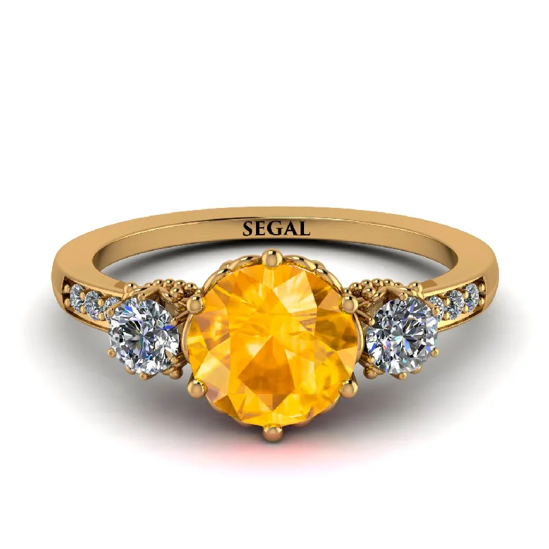 women’s yellow gold engagement rings-Vintage 3 Stones Yellow Diamond Ring With Micro Pave - Luna No. 1001