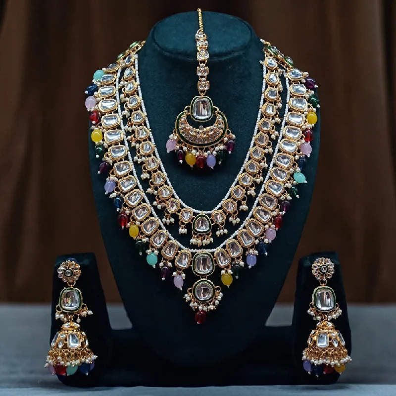 women’s unique necklaces-Gehana Mahal Gold Plated Kundan Stone Long Necklace Set