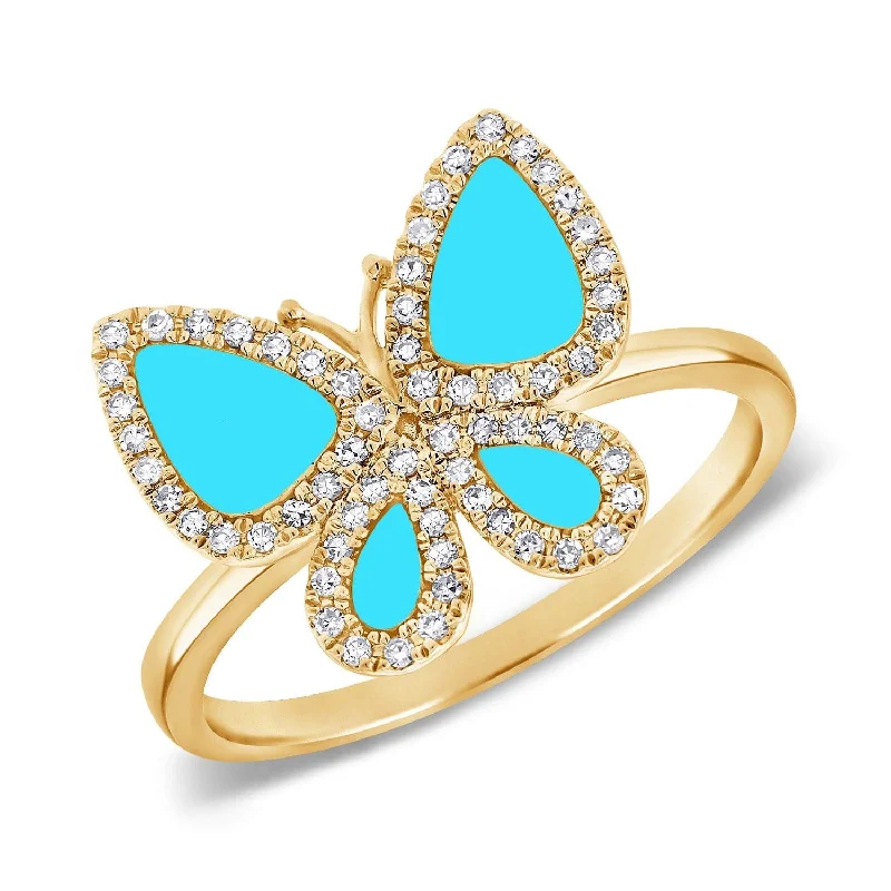 women’s halo engagement rings-14K Gold, Diamond & Turquoise Butterfly Diamond Ring