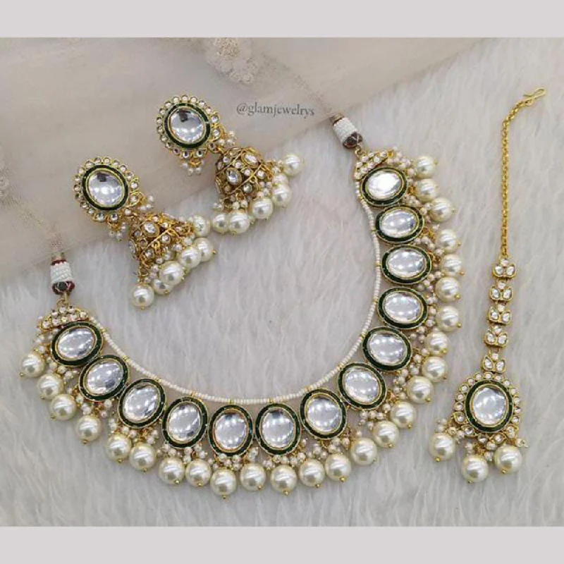 women’s elegant chain necklaces-India Art Gold Plated Kundan Pearl And Beads  Necklace Set