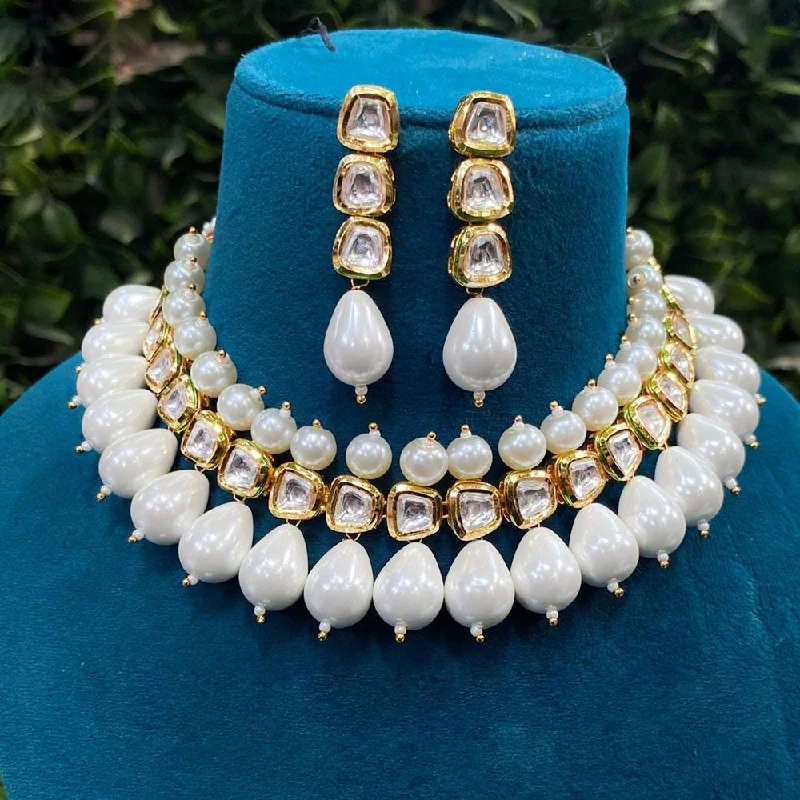 women’s layered necklaces-Royal Kundan Jewellery Gold Plated Polki Kundan And Pearls Necklace Set