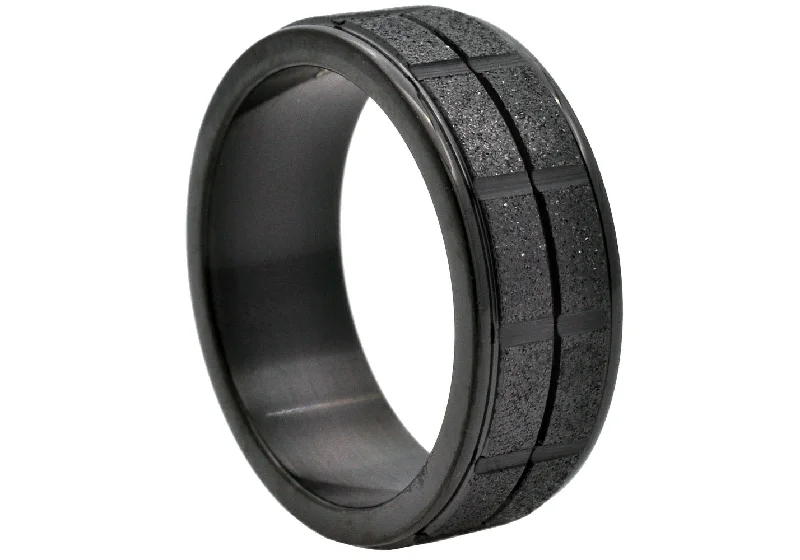 women’s art deco engagement rings-Mens Sandblasted Black Stainless Steel Band