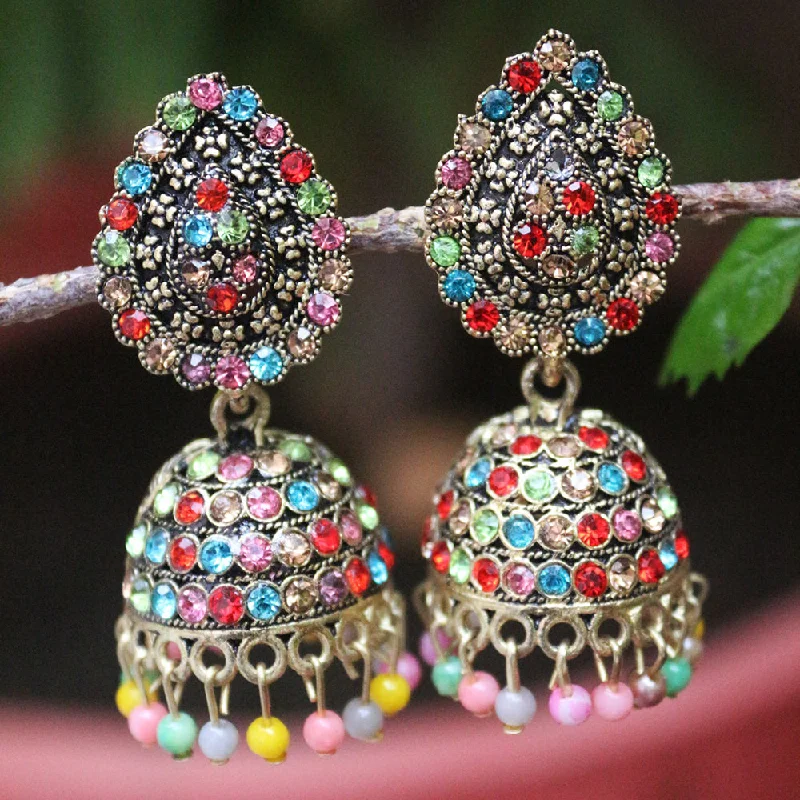 women’s statement drop earrings-H K Fashion  Oxidised Gold Plated  Austrian Stone Jhumki Earrings