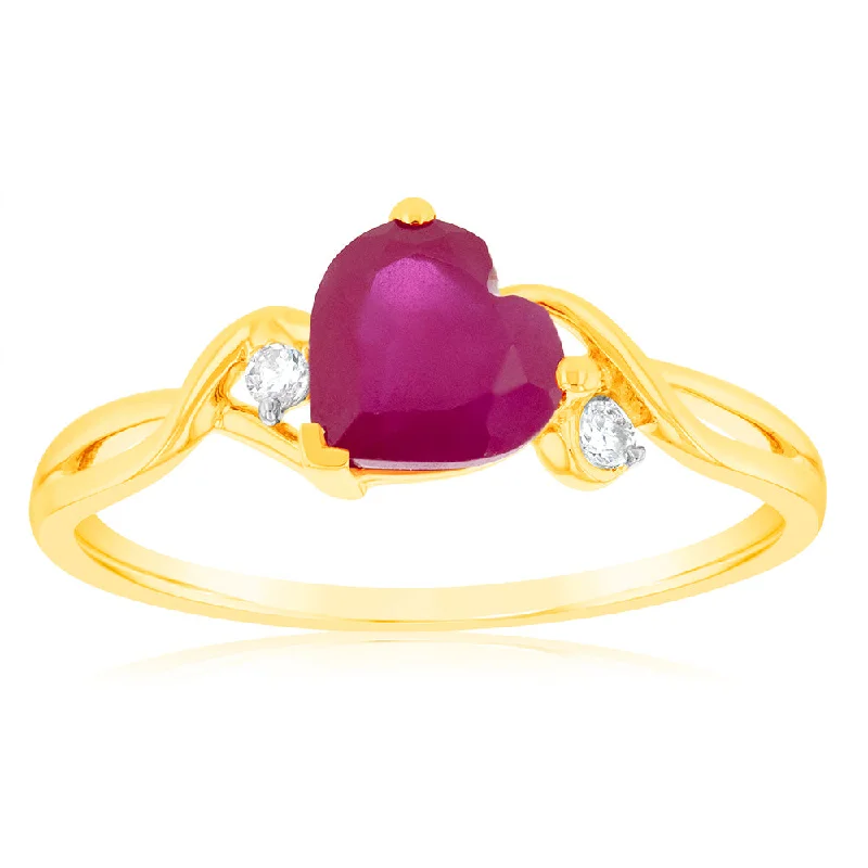 women’s bridal engagement rings-9ct Yellow Gold 7mm Created Heart Ruby And Diamond Ring