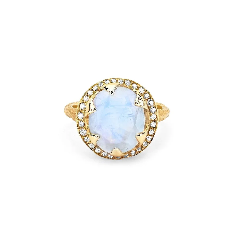 women’s adjustable rings-Queen Oval Moonstone Ring with Full Pavé Diamond Halo