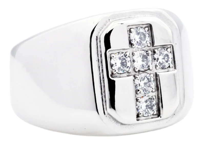 women’s pearl rings-Mens Stainless Steel Cross Ring WIth Cubic Zirconia