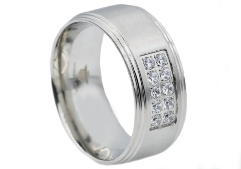 women’s large rings-Mens Stainless Steel Band With Cubic Zirconia