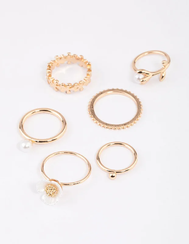 women’s minimalist rings-Gold Pearl Flower Ring 6-Pack