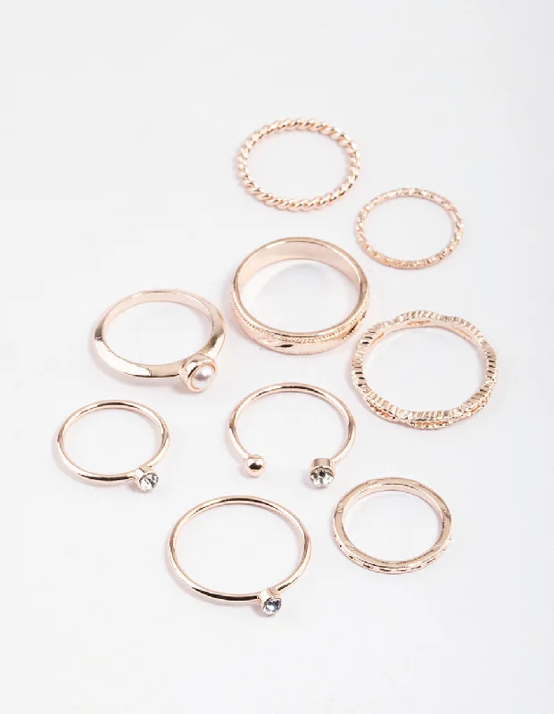 women’s custom rings-Rose Gold Open Pearl & Stone Ring Pack