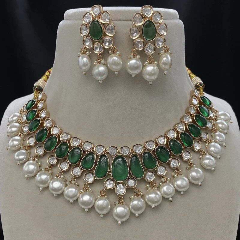 women’s boho necklaces-Royal Kundan Jewellery Gold Plated Polki Kundan And Pearls Necklace Set