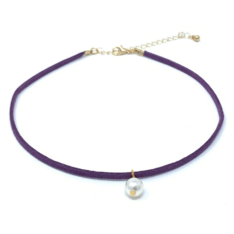 women’s diamond pendant necklaces-Purple Suede Choker Necklace Pearl Pendant