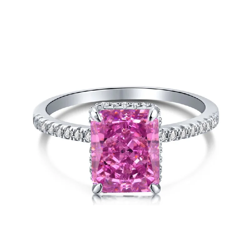 women’s minimalist engagement rings-Magenta Pink Solitaire Radiant Cut Half Eternity Diamond Ring Sterling Silver