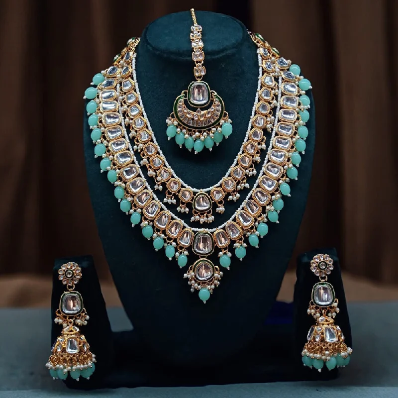 women’s silver pendant necklaces-Gehana Mahal Gold Plated Kundan Stone Long Necklace Set