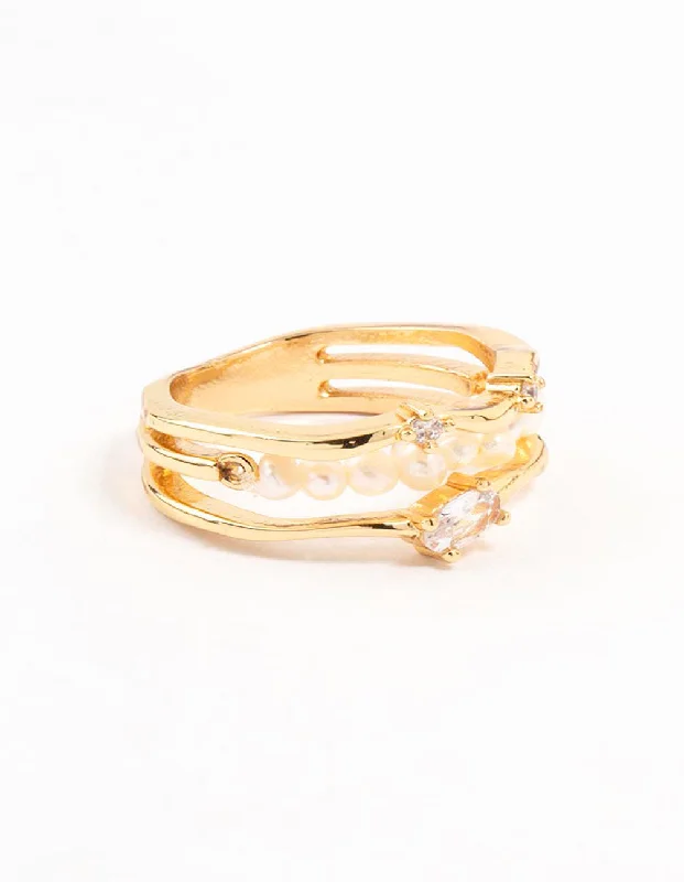 women’s silver rings-Gold Plated Nestled Pearl Layered Ring